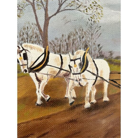 Vintage Oil Painting Farming With Horses" signed by C. Fermor - Picture 2 of 9